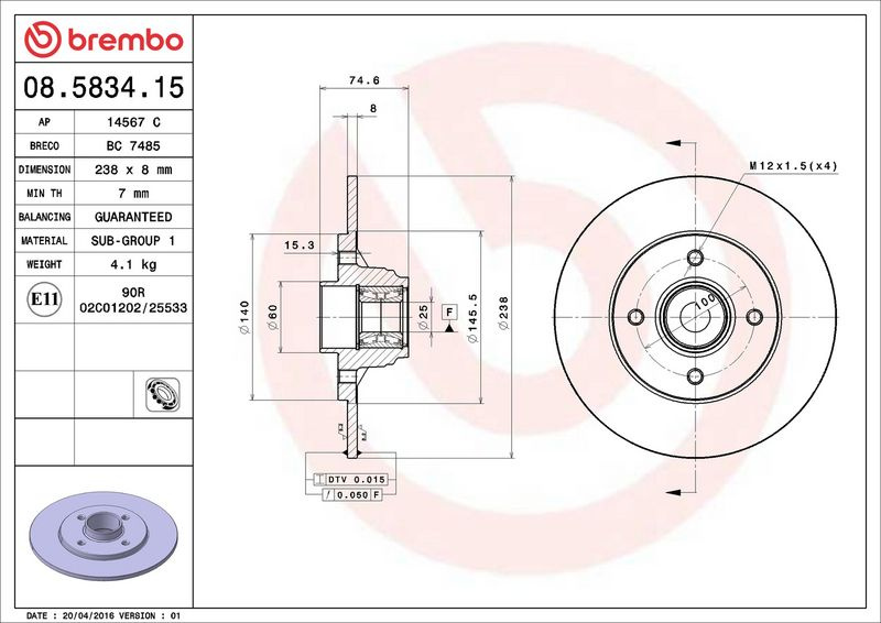 Brzdový kotouč BREMBO 08.5834.15